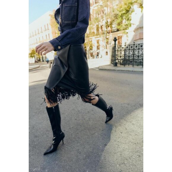 ZARA FAUX LEATHER FRINGED MIDI SKIRT - Picture 6 of 11